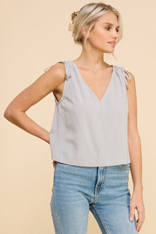 Allie Rose- V-neck Sleeveless Linen Tank with Shoulder Detail- Cool Sage