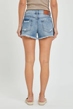 Load image into Gallery viewer, DARK WASH DISTRESSED FRAYED SHORTS: L
