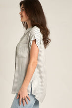 Load image into Gallery viewer, Short Sleeve Striped Button Down Top: WHITE BLACK / M
