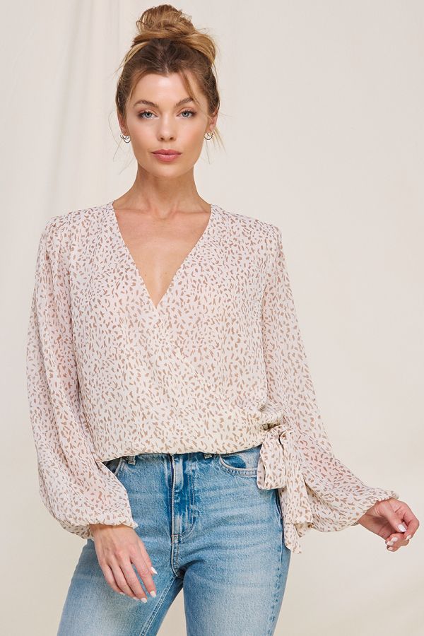 Allie Rose- Printed Bubble Bottom Blouse with Tie- Cream