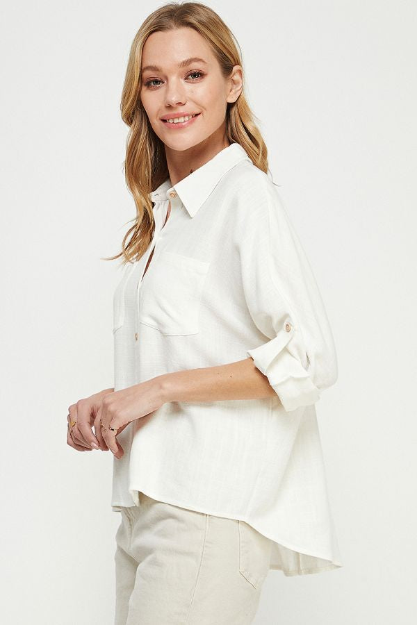 Allie Rose Relaxed Fit Linen Button Shirt- Off White