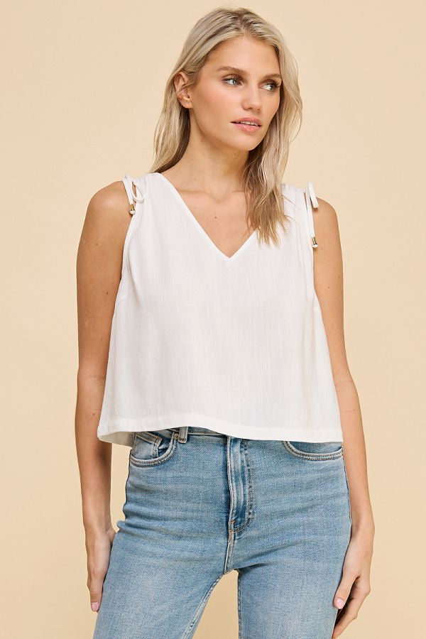 Allie Rose- V-neck Sleeveless Linen Tank with Shoulder Detail- Off White