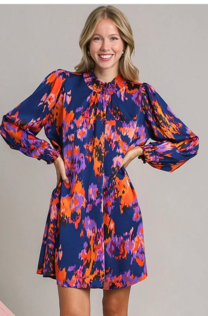Umgee-Satin Floral Print Dress in Sapphire