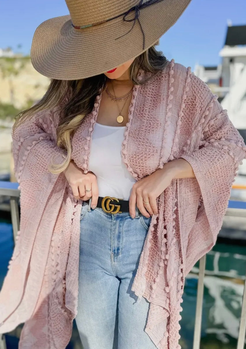 Amoli- 3D Textured Open Front Soft Kimono Cardigan- Rose