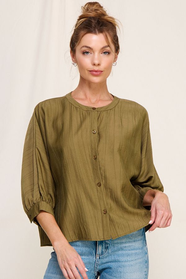 Allie Rose- 3/4 Sleeve Button Blouse- Olive