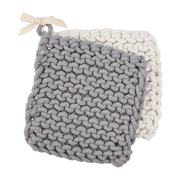 Mudpie WHITE AND GRAY CROCHET POT HOLDER SET