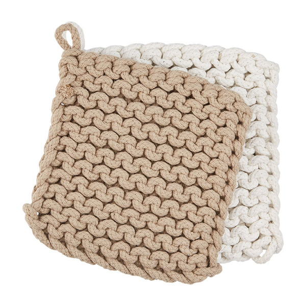 TAUPE AND WHITE CROCHET POT HOLDER SET