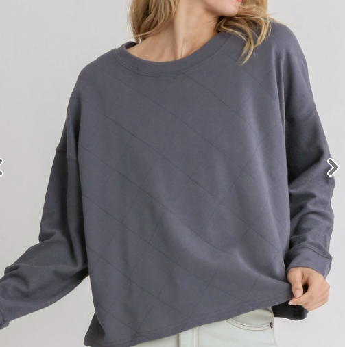Umgee- Diamond Knit Round Neck Long Sleeve Top- Charcoal