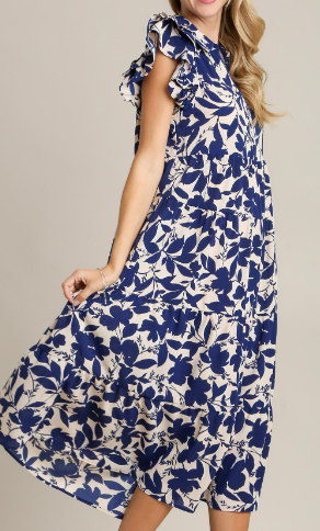 Umgee- Floral Print Ruffel Sleeve Dress