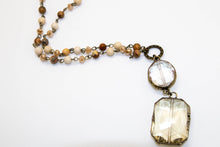 Load image into Gallery viewer, Necklace Long Jasper Brown Antique Gold w/Sq.Glass Drop
