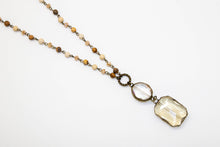 Load image into Gallery viewer, Necklace Long Jasper Brown Antique Gold w/Sq.Glass Drop
