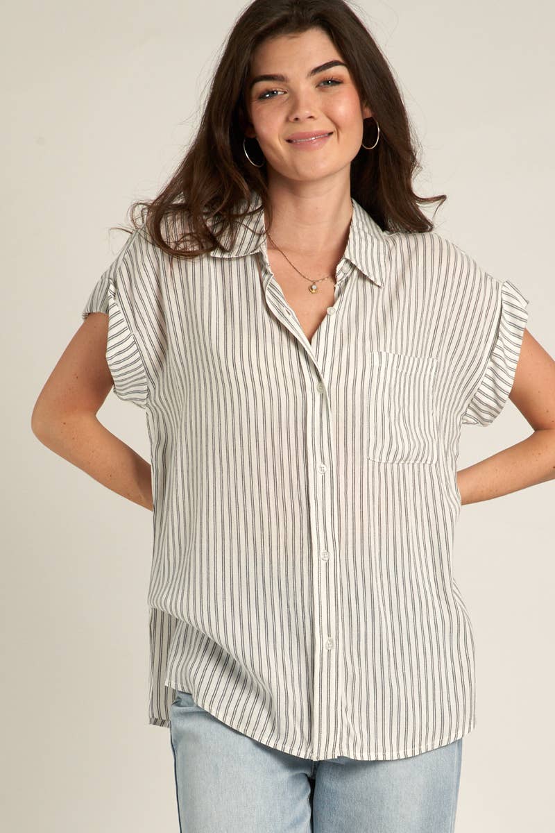 Short Sleeve Striped Button Down Top: WHITE BLACK / L