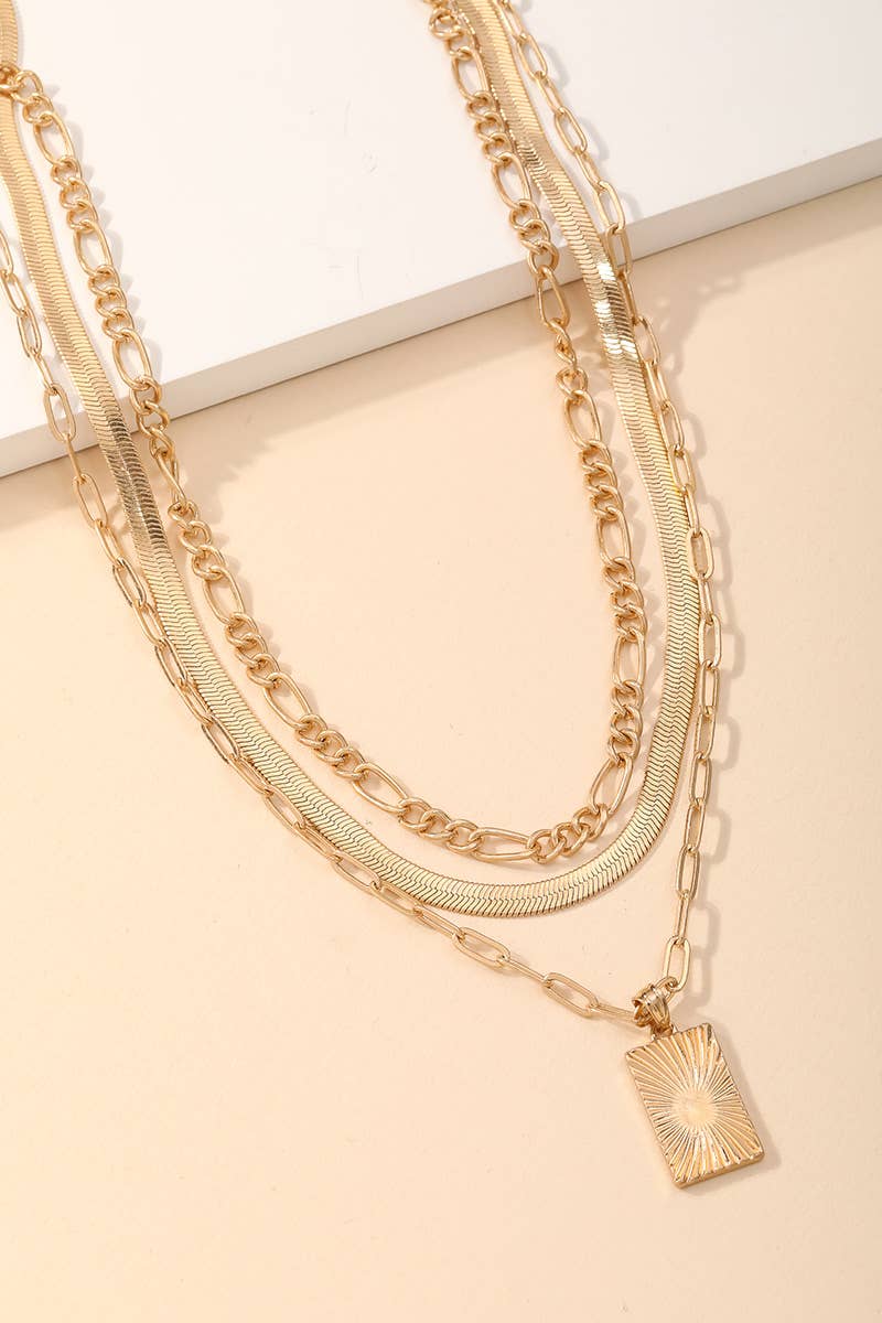 Sun Ray Rectangle Pendant Layered Chain Necklace: WG