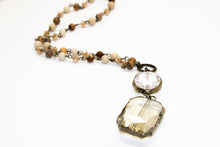 Load image into Gallery viewer, Necklace Long Jasper Brown Antique Gold w/Sq.Glass Drop
