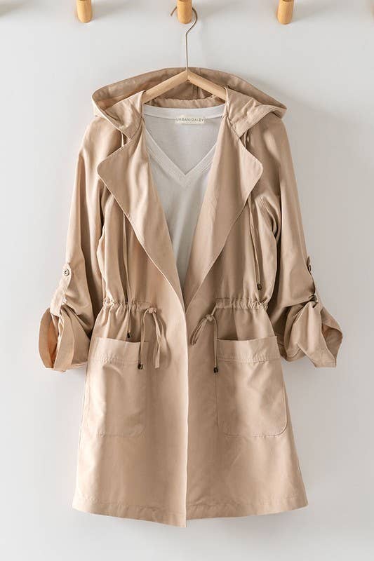 Urban Daizy- LIGHTWEIGHT TASSEL HOODED OPEN JACKET: KHAKI