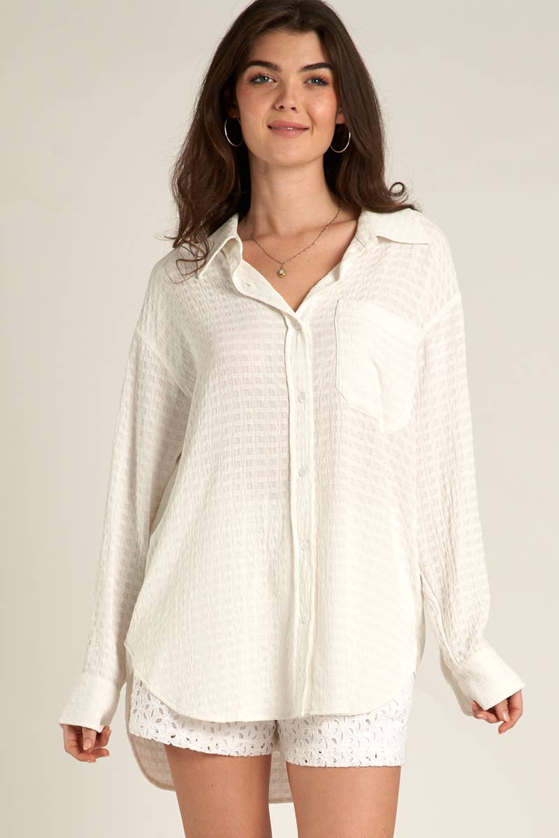 Long Sleeve Texture Button Down Shirt: S / WHITE