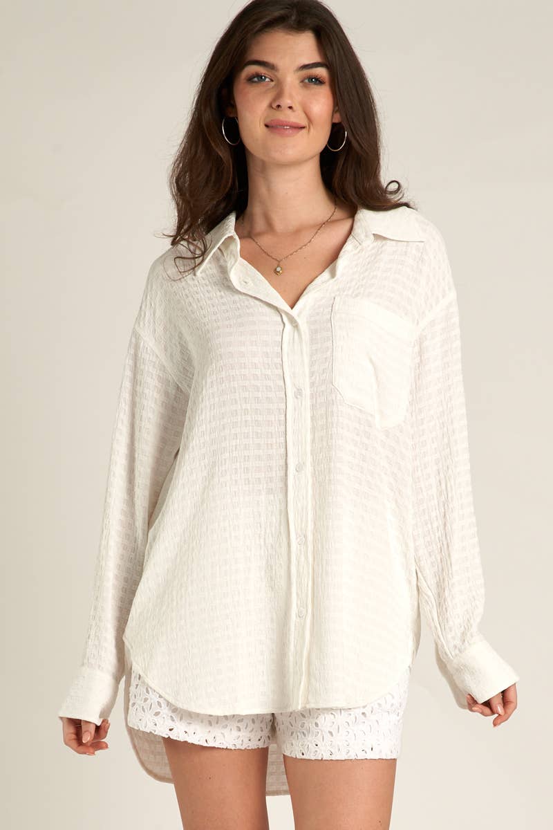 Long Sleeve Texture Button Down Shirt: M / WHITE