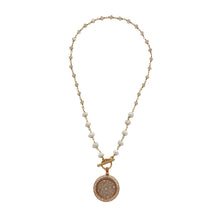 Load image into Gallery viewer, Necklace Glass&amp;Freshwater Pearl Chainw/Gold Filigree Drop18”
